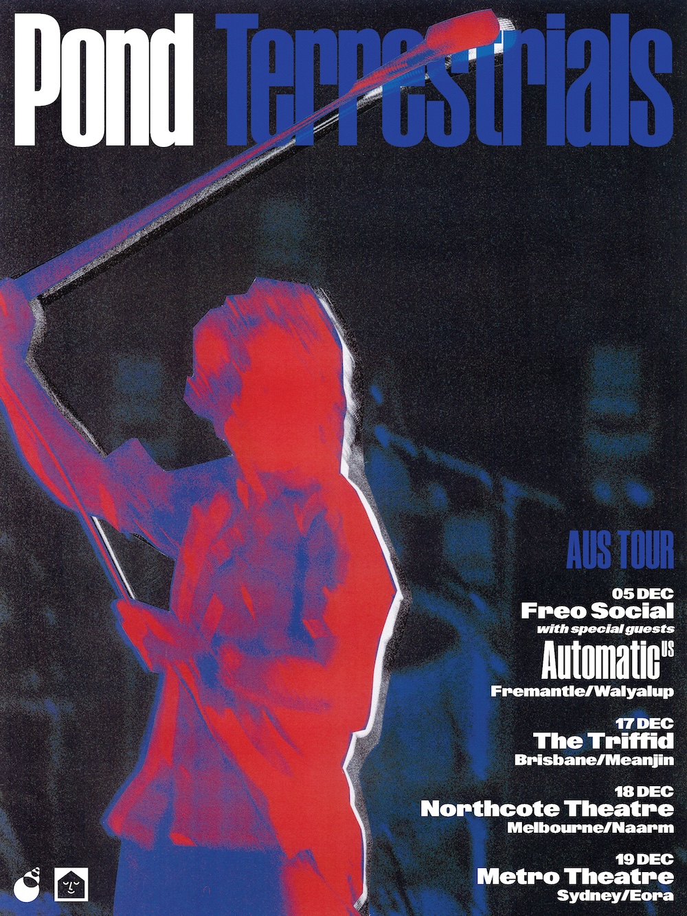 Tour poster for Pond Terrestrials Australian tour featuring a red silhouette of a performer holding a mic stand with concert dates.